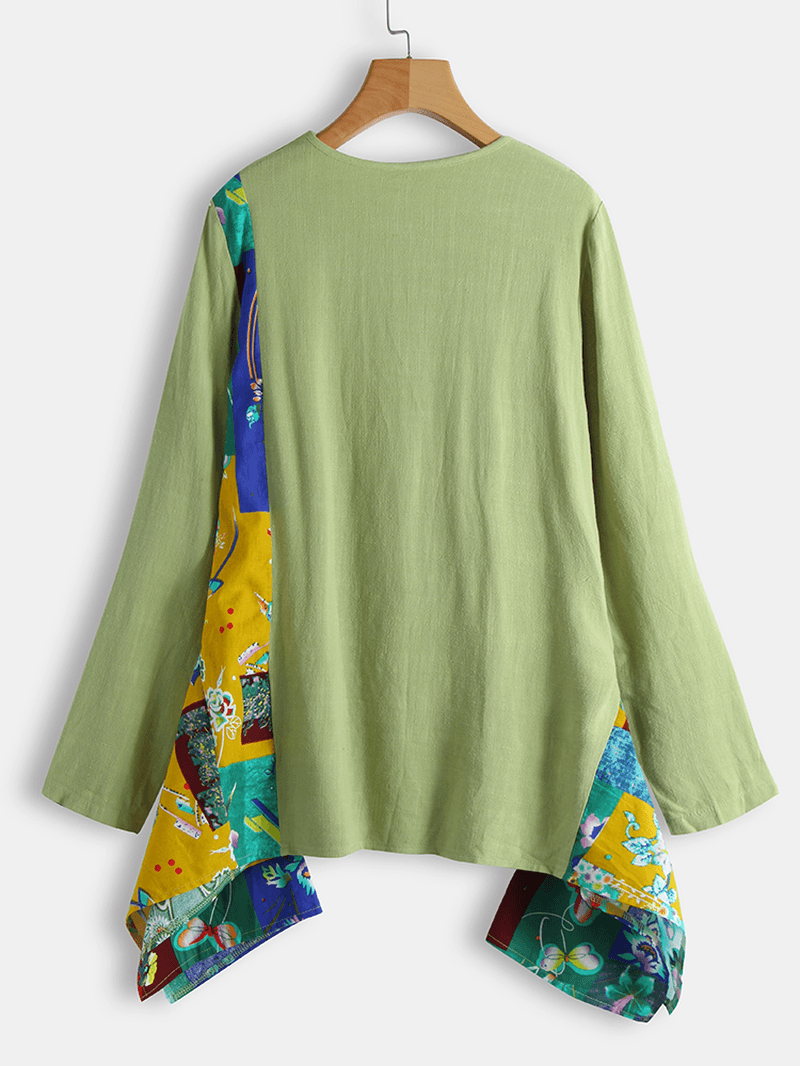 Floral Print Irregular Hem Patchwork Long Sleeve O-Neck Blouse