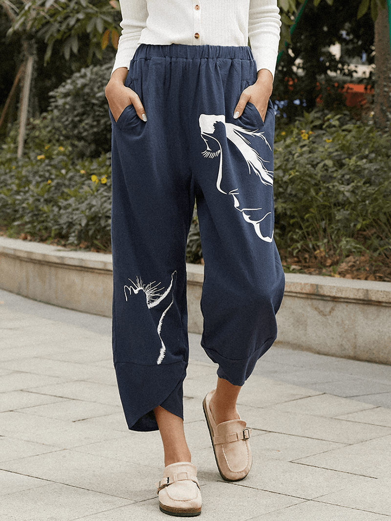 Women Cute Cat Figure Print Elastic Waist Casual Harem Pants with Pockets