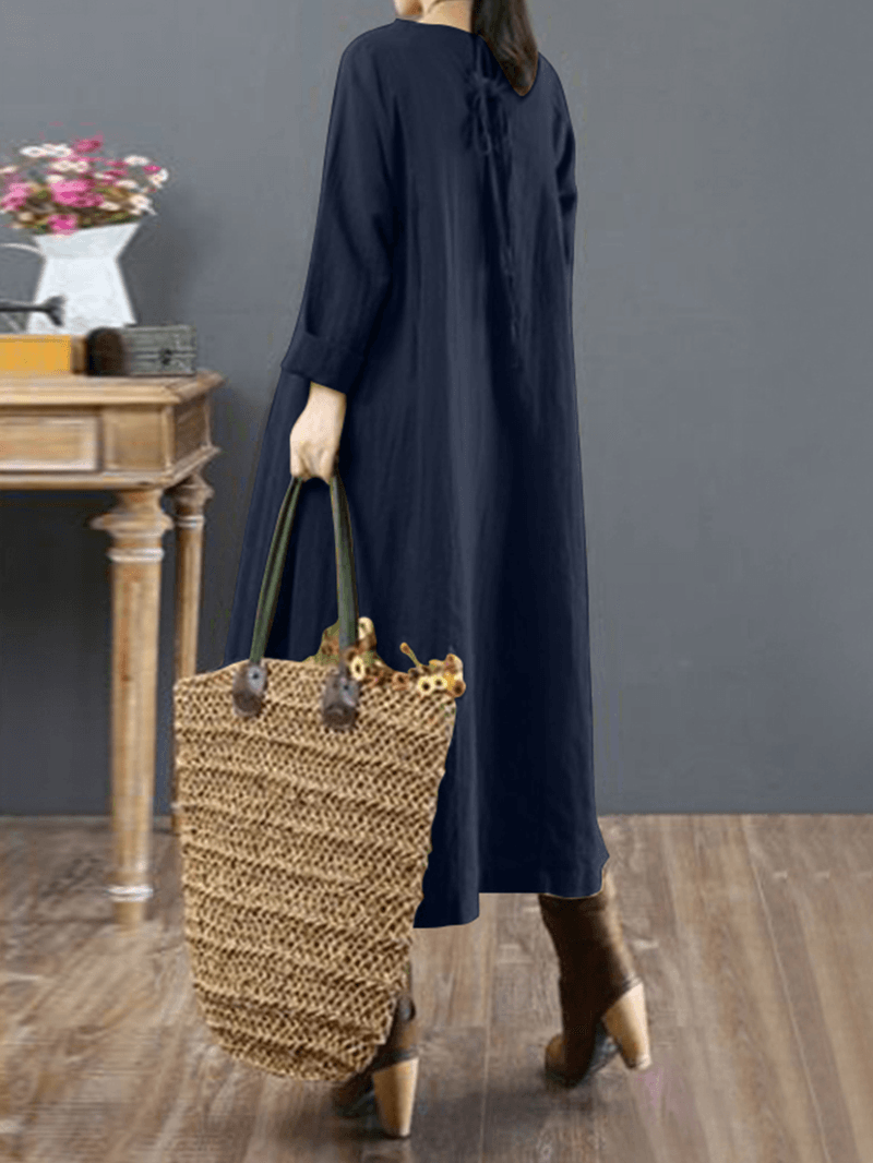 Women Cotton Solid Tie Back round Neck Long Sleeve Casual Midi Dresses