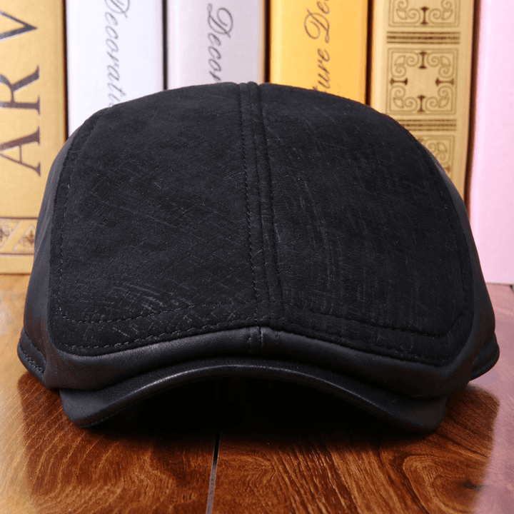 Leather Hat Men'S Sheepskin Ear Protection Leather Suede Beret