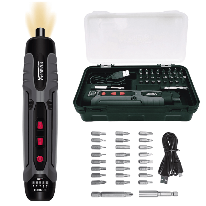 XPOWER Household Li-Ion Electric Screwdriver Set Rechargeable Screw Driver Mini Drill Repair Tools W/ 26Pcs Screws Head