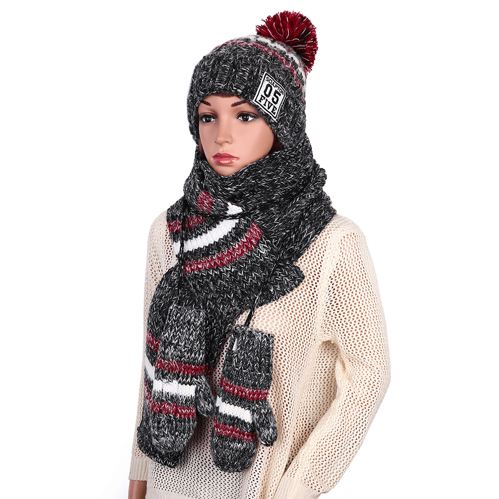 Women'S Chic Full Handmade Knitting Three-Piece Set Warm Thickened Christmas Knit Hat Scarf Gloves - MRSLM