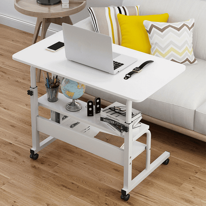 Computer Laptop Desk Adjustable Height Moveable Bed Side Writing Study Table Bookshelf with Storage Racks Home Office Furniture