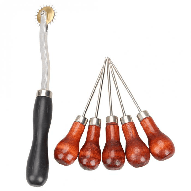 4Mm Leather Cloth Overstitch Wheel with 5Pcs Awl Pin Sewing Hand Punch Hole Tool