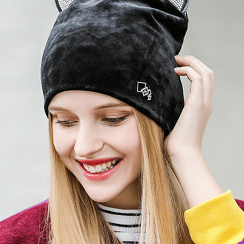 Women Velour Rhinestone Deco Cat Ear Windproof Beanie Cap