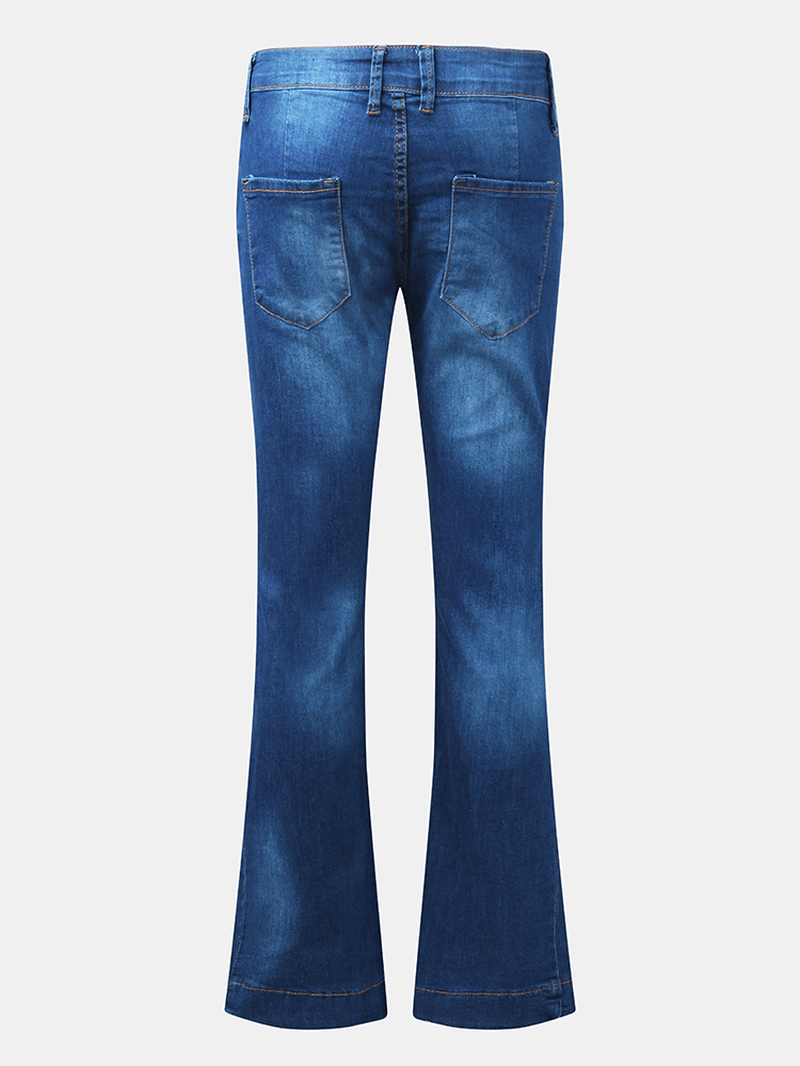 Women Pocket Button Denim Casual Bell-Bottoms Jeans