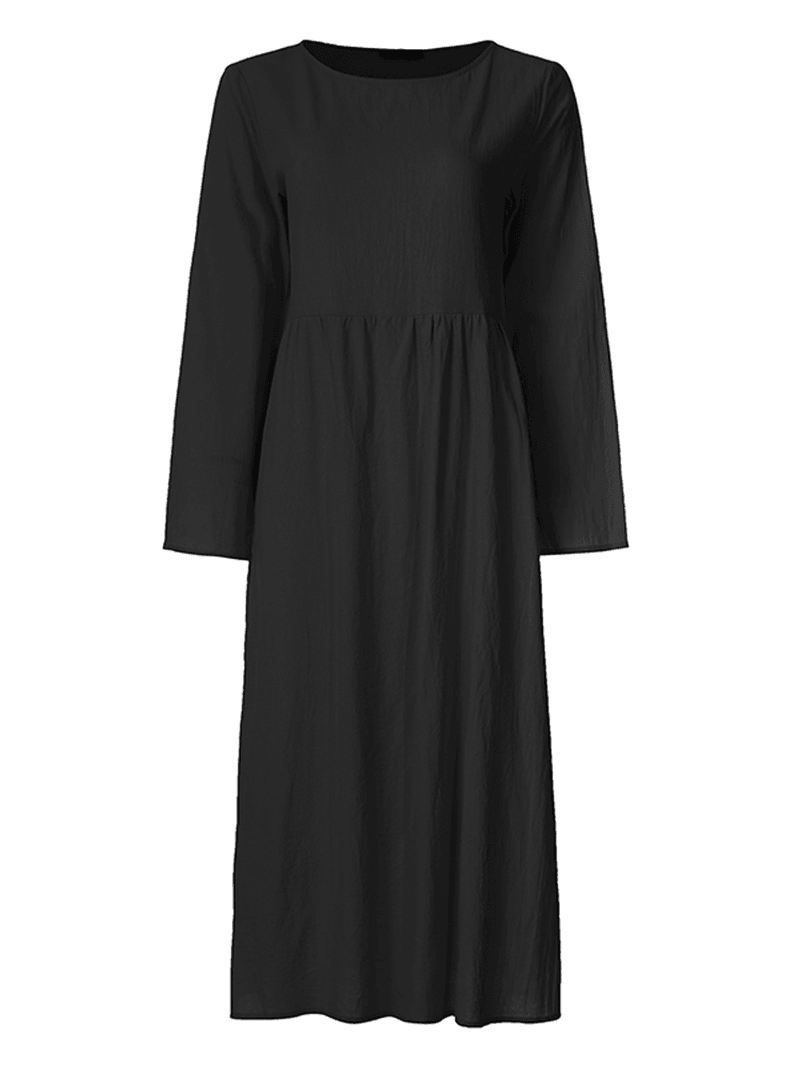 Women Cotton Crew Neck Long Sleeve Solid Casual Dress