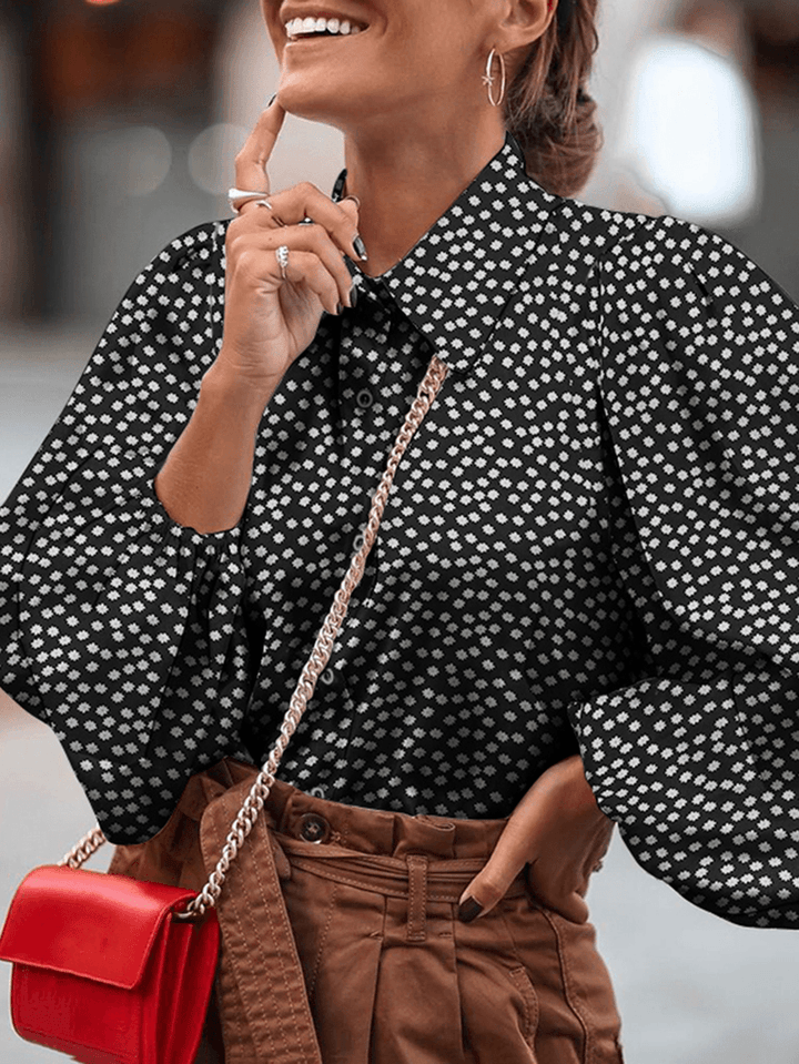 Women Ditsy Floral Printed Lapel Casual Lantern Sleeve Shirts