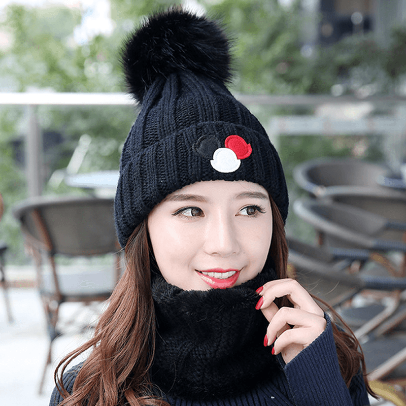 Women Windproof Thicken plus Velvet Knit Hat Scarf Set Winter Earmuffs Beanie Cap