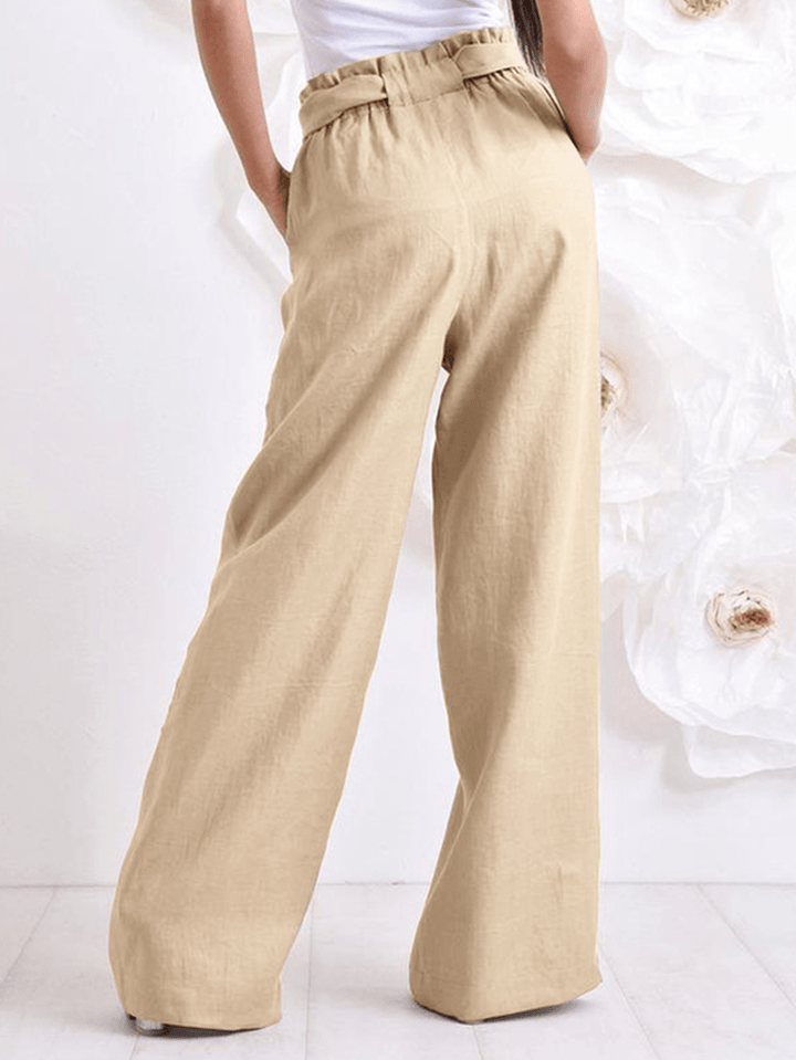 Women Cotton High Drawstring Elastic Waist Loose Solid Wide Leg Pants