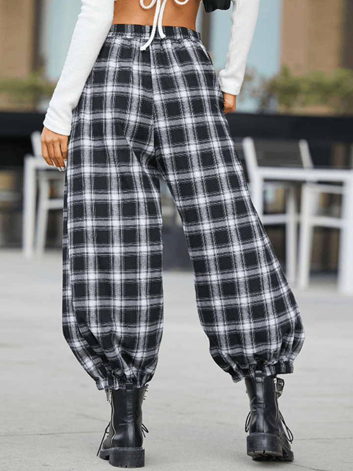 Women Plaid Print Elastic Waist Loose Stylish Beam Feet Pants Harem Pants with Pockets