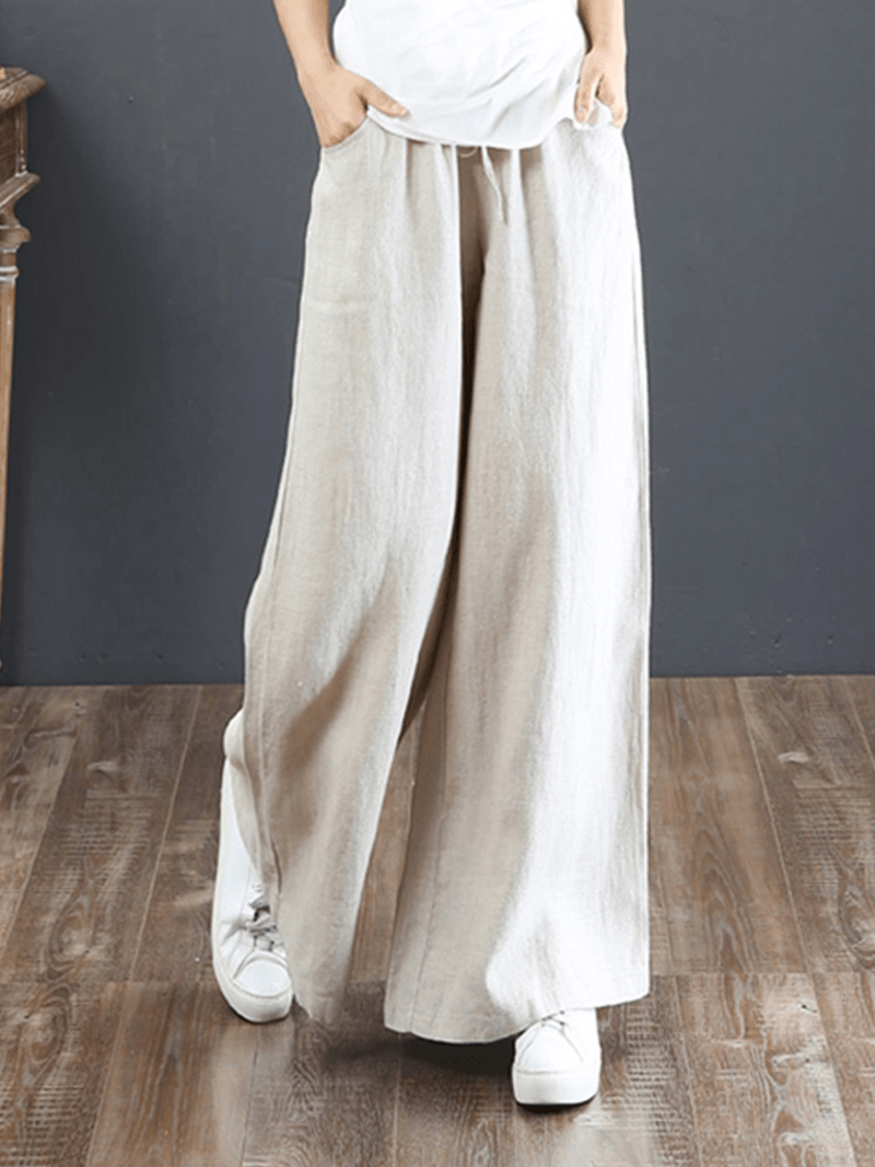 Women Solid Color Elastic Waist Drawstring Wide Leg Pants with Pocket