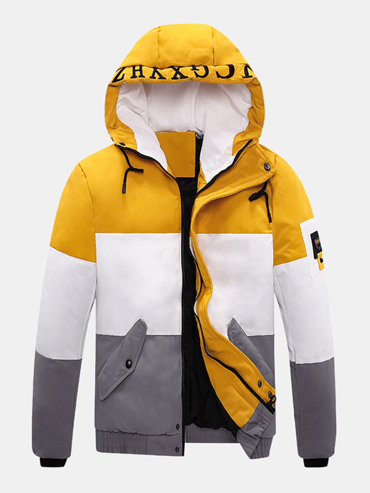 Mens Letter Print Color Block Patchwork Warm Hooded Puffer Jacket with Pocket - MRSLM