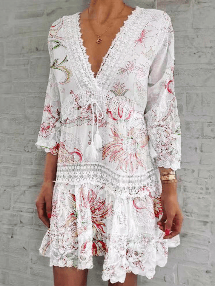 Women Flower Print Plunge Tie Front 3/4 Sleeve Lace Mini Dresses