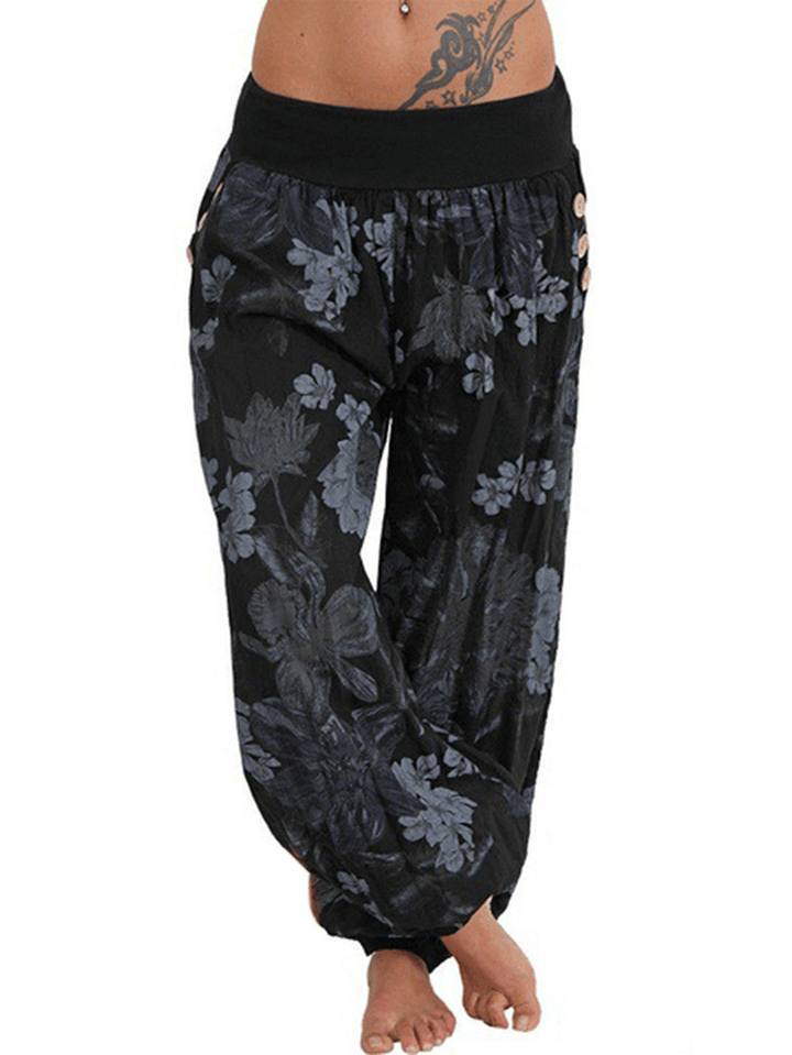 Women Casual Loose Floral Print Button Full Length Pants - MRSLM