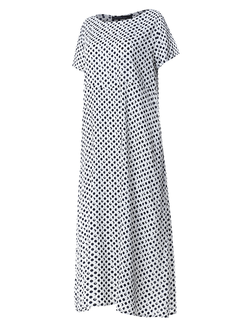 Crewneck Polka Dot Print Short Sleeve Midi Dress