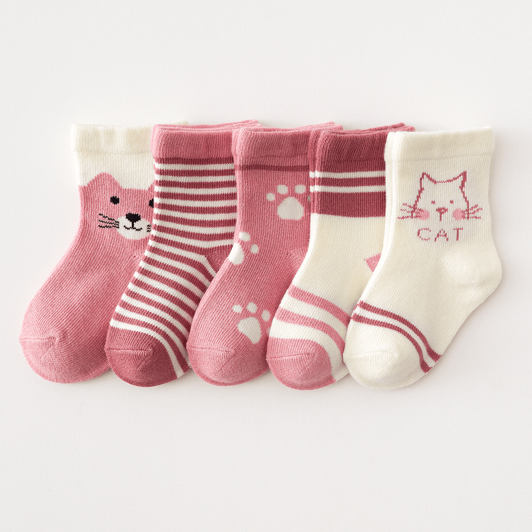 5 Pairs of Children Four Seasons Tube Socks Pink Cat