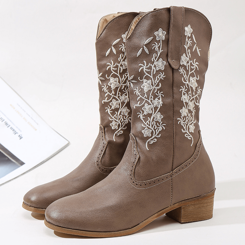 Retro Flowers Square Toe Slip on Mid-Calf Block Heel Cowboy Boots for Women