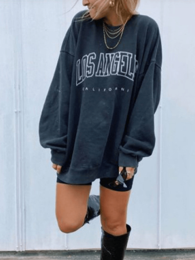 Women Letter Print Drop Shoulder Pullover Simple Navy Sweatshirt