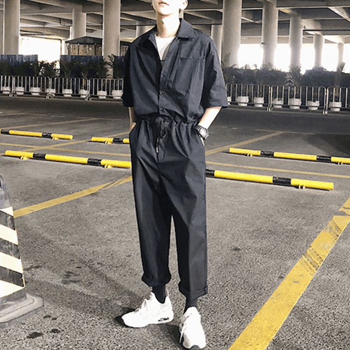 Men Solid Color Chest Pocket Drawstring Half Sleeve Rompers Pants