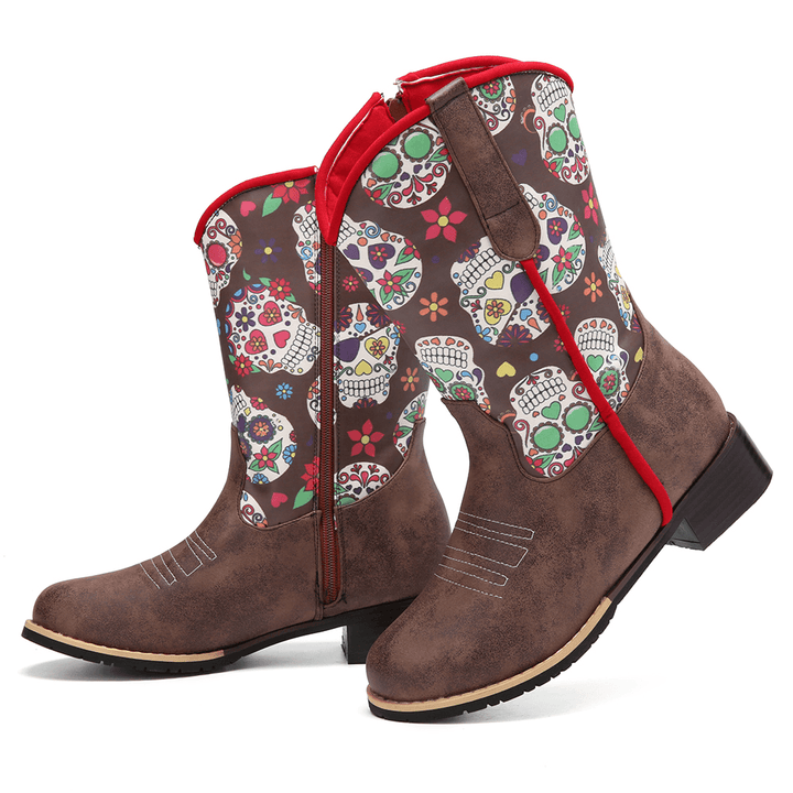 Women Retro Flower Printing Pointed Toe Zipper Mid-Calf Cowboy Boots