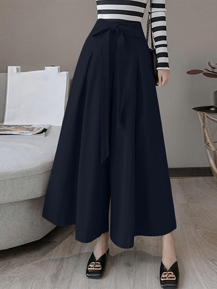 Women Solid Color Tie Front Casual Wide Leg Pants with Pocket - MRSLM