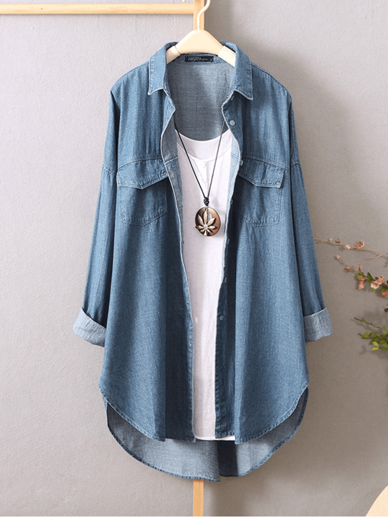 Women Long Sleeve Button down Shirts Casual Loose Denim Blouse - MRSLM