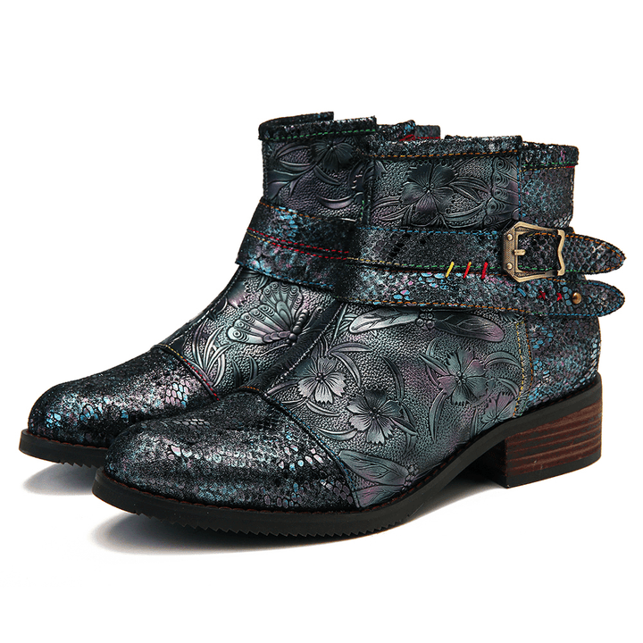 Women Embossed Stitching Metal Zipper Ankle Boots