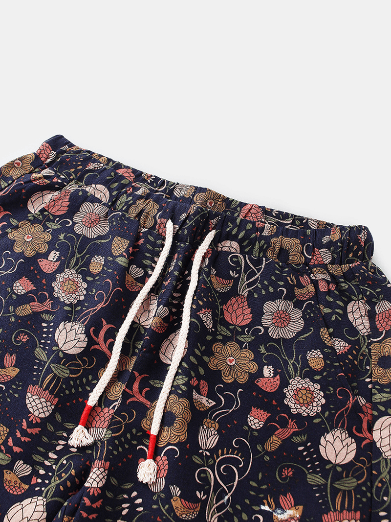 Cotton Mens Floral Print Pocket Drawstring Casual Shorts