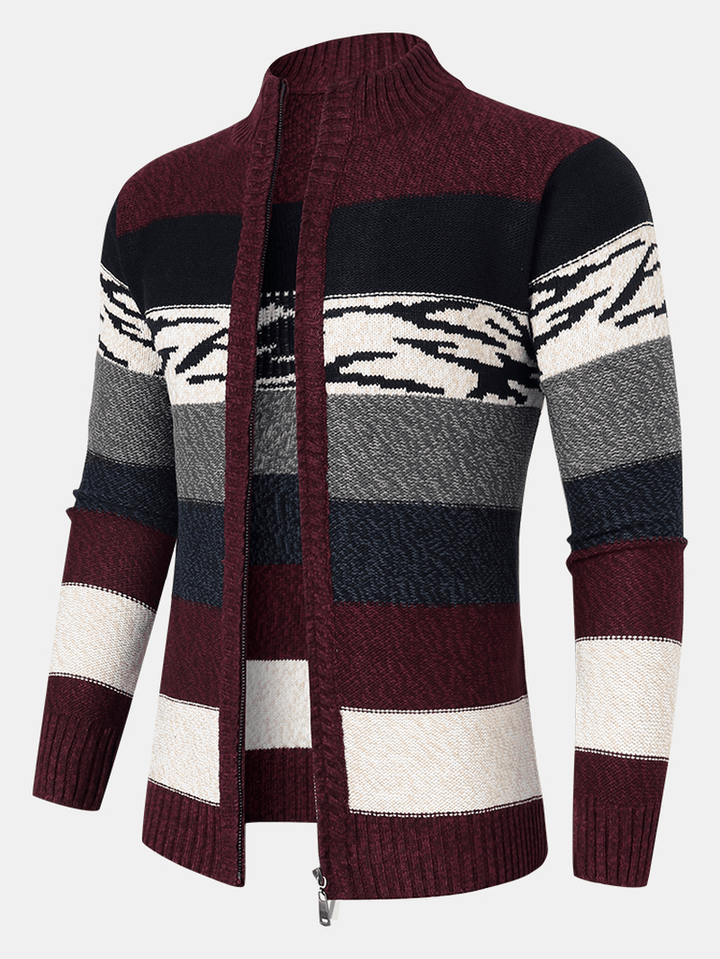 Men Striped Color Block Zipper Stand Collar Casual Cardigans