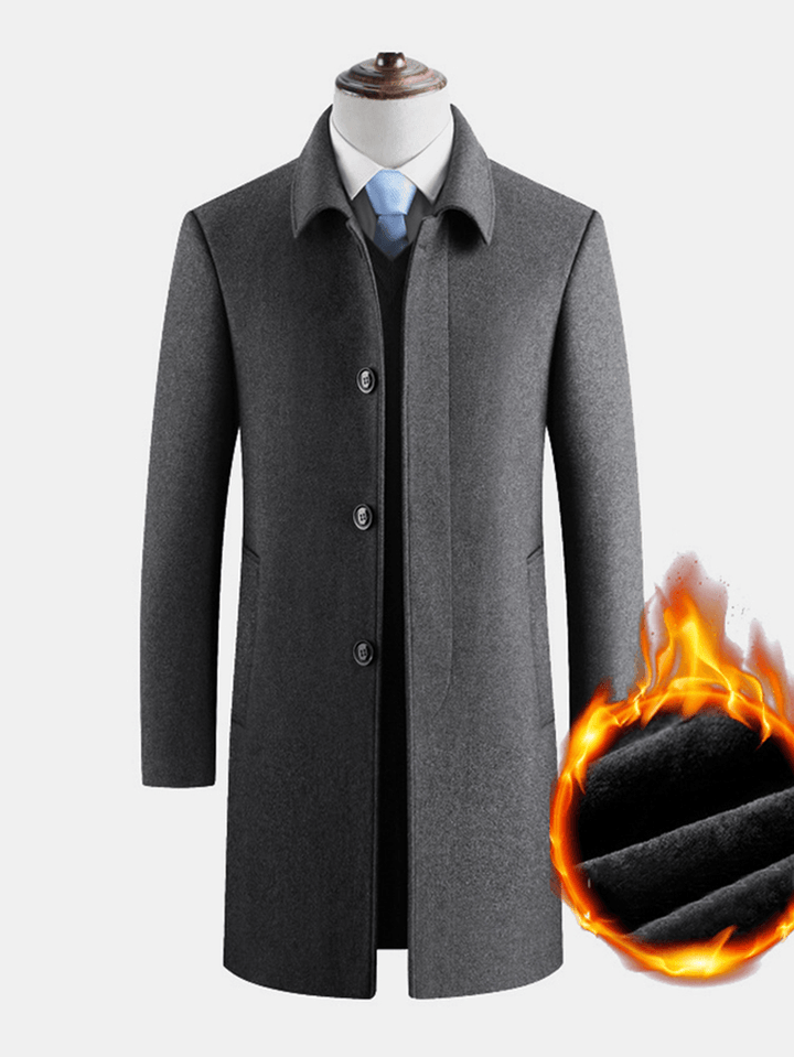 Mens Solid Color Thick Warm Single-Breasted Business Woolen Cloth Trench Coats