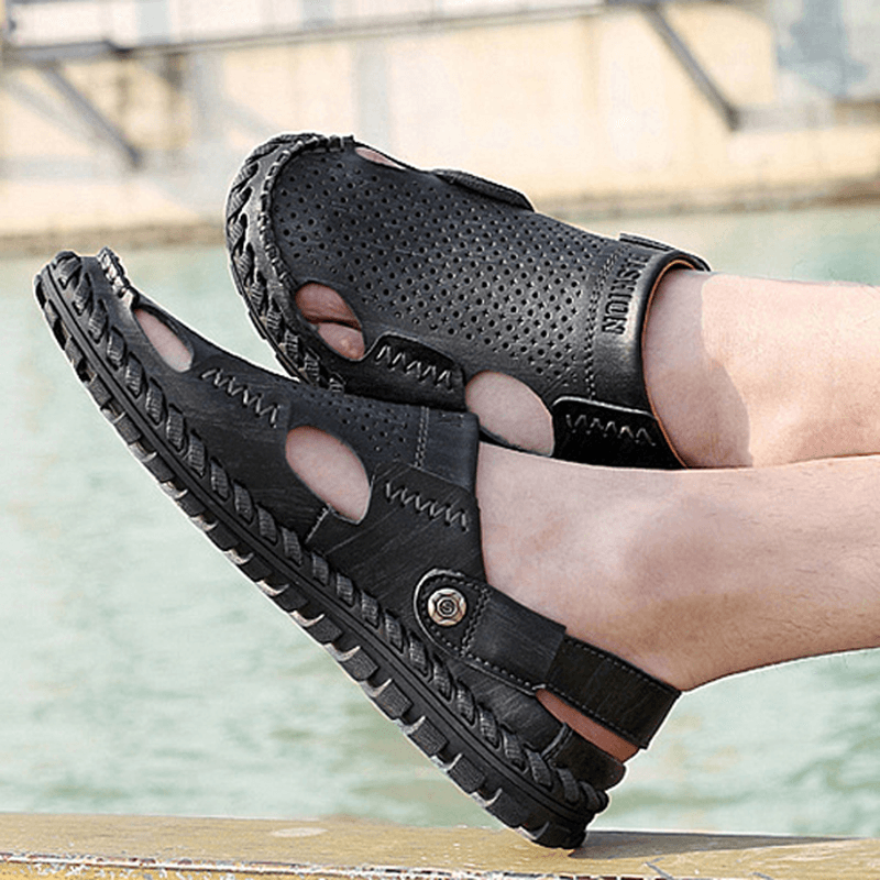 Men Summer Leather Sandal Casual round Toe Outdoor Flat Fashion Soft Beach Slipper