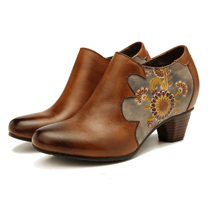 Women Hand Painted Flowers Stitching Leather Zipper Pumps