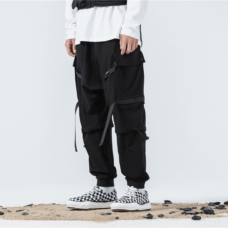 Overalls Men'S Spring and Autumn Dark Black Functional Wind Pants Webbing Drawstring Trousers