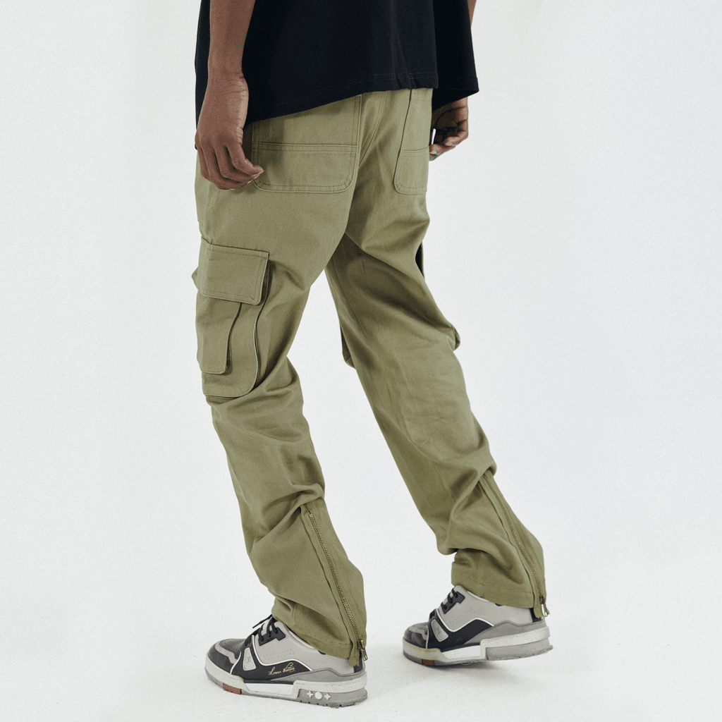 Army Green Pocket Zipper Straight Workwear Casual Pants