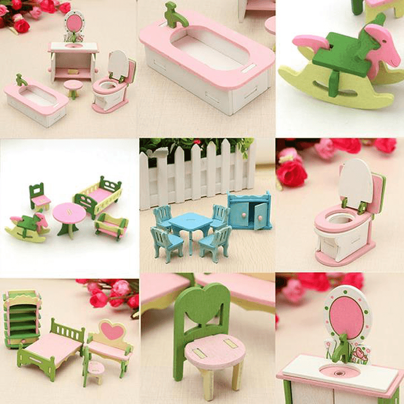 4 Sets of Delicate Wood Dollhouse Furniture Kits for Doll House Miniature