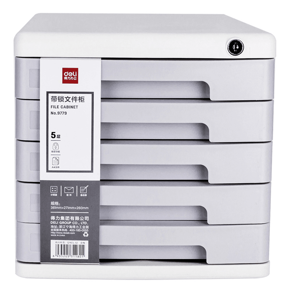 Deli 9779 Plastic File Cabinets with Lock Five Layers Large Capacity Storage File Holder Business Office Documents Storage Supplies