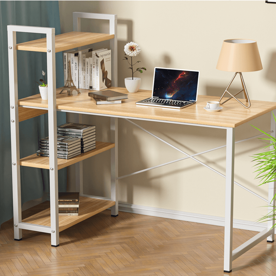 Douxlife¬Æ DL-OD05 47.3" Large Desktop H-Shaped Computer Laptop Desk 15Mm E1MDF X-Shaped Sturdy Steel Structure with 4 Tiers Bookshelf Perfect for Home Office