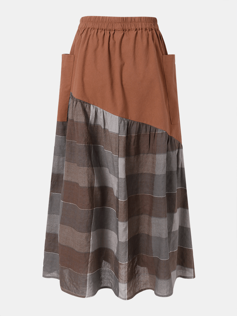 Plaid Print Patchwork Pocket Long Casual Skirt