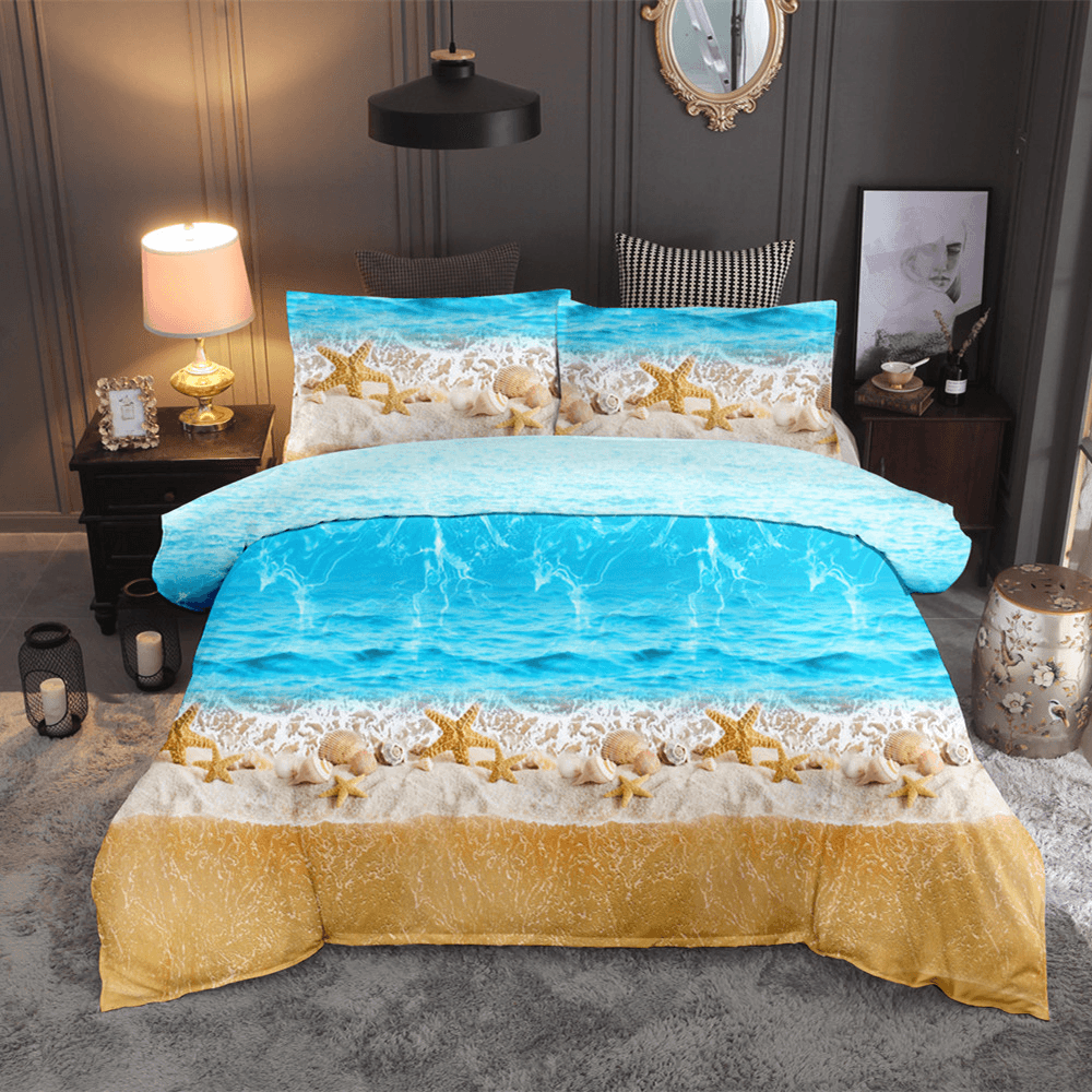 3 PCS Bedding Sets Beach Landscape Printing Quilt Cover Pillowcase for Queen Size - MRSLM