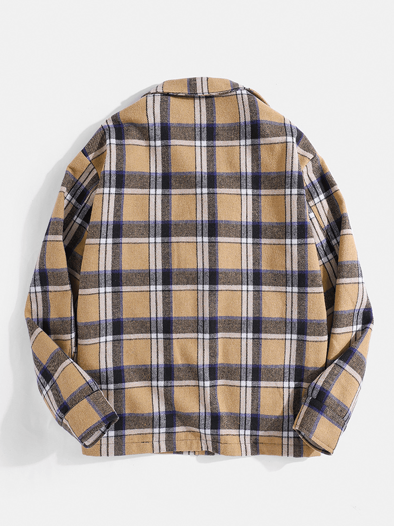 Mens Classic Plaid Letter Double Large Pocket Long Sleeve Jacket