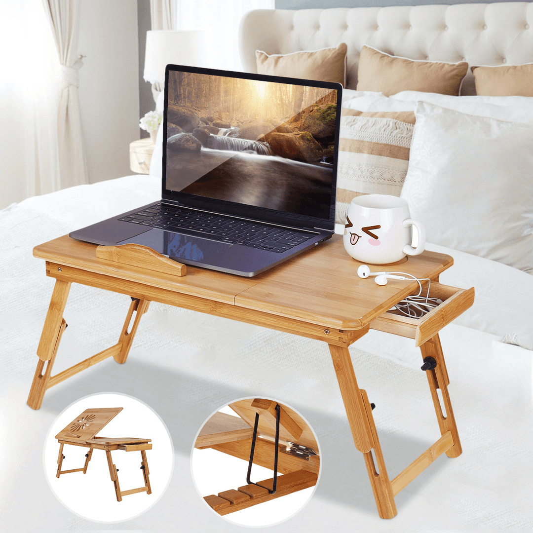 Nature Bamboo Folding with Heat Dissipation Hole Drawer Laptop Desk Computer Mackbook Desktop Holder Bed Desk Tray Stand