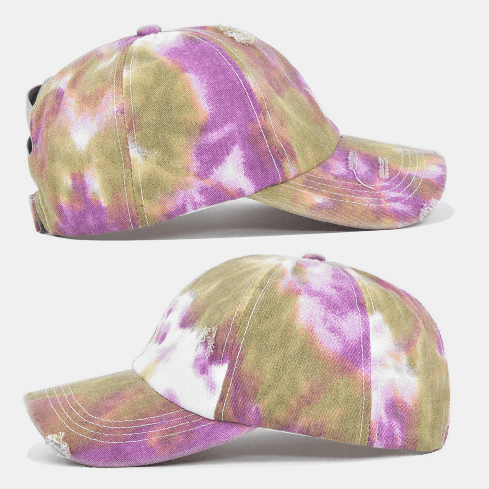 Unisex Colored Tie-Dye Ponytail Baseball Cap Broken Hole Big Brim Breathable Stretch Fit Cap