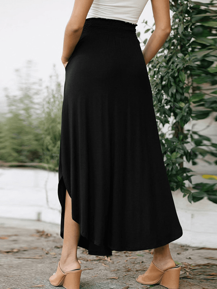 Women Elastic Waist Irregular Hem Side Fork Casual Skirts with Pocket