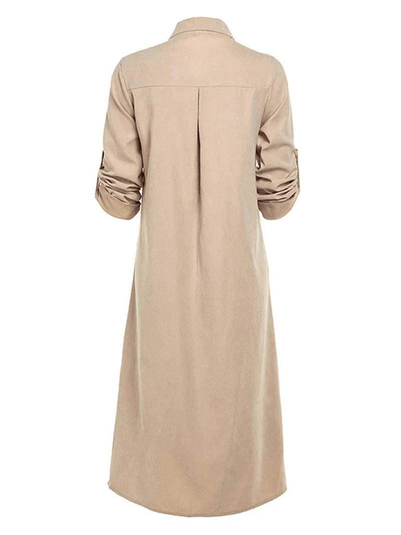 Women Long Adjustable Sleeve Button Turn-Down Collar Long Shirt Dress