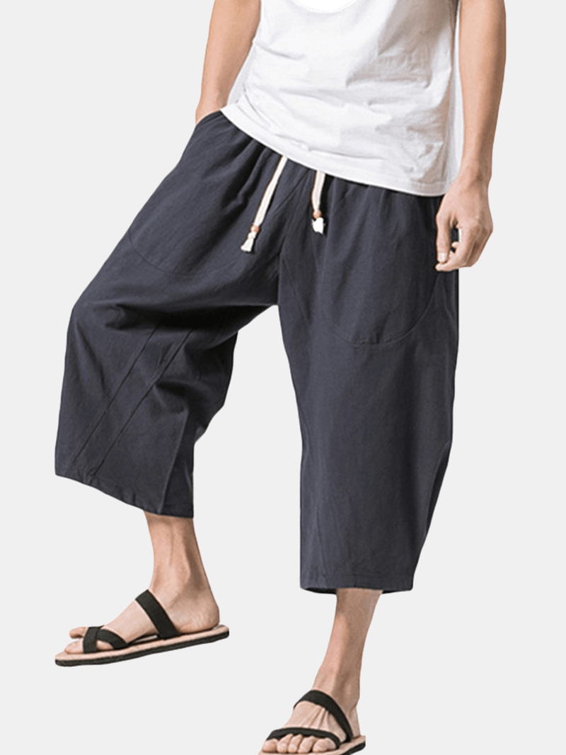 Stylish Mens Cotton Linen Baggy Loose Calf Length Pants Antibacterial Casual Shorts