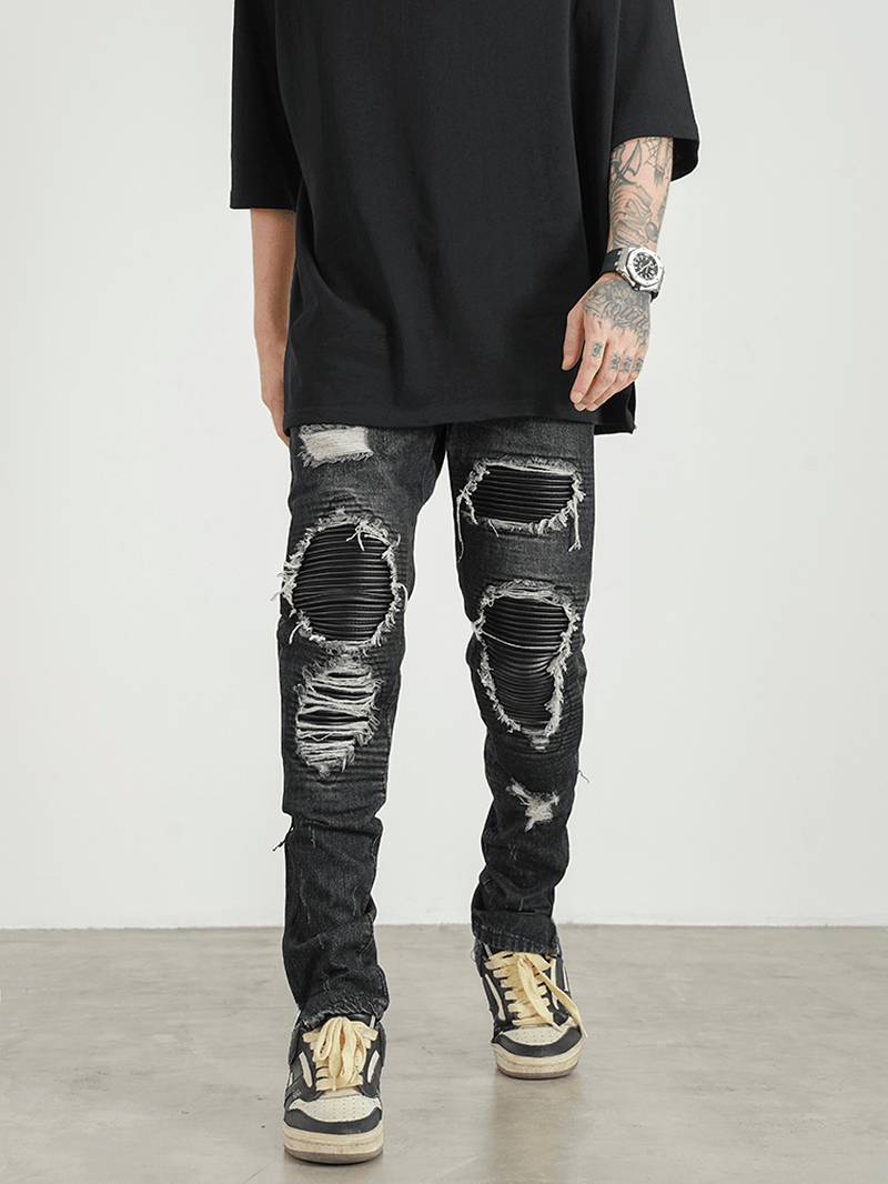 Men Ripped Patch PU and Leather Zipper Jeans