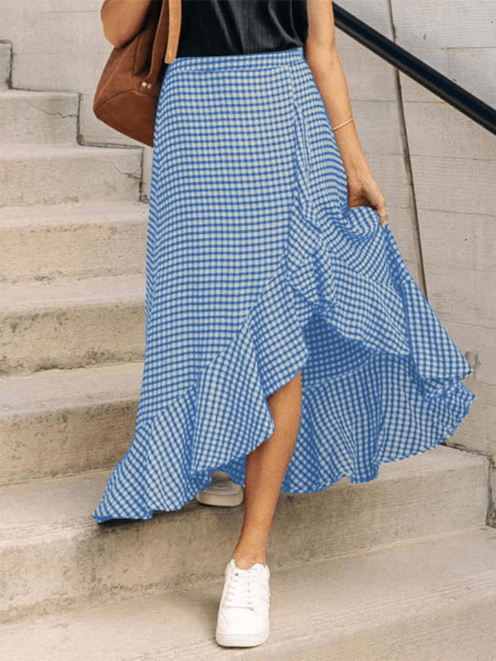 Women Mid-Calf Length Ruffle Pleated Irregular Hem Plaid Splicing Skirt