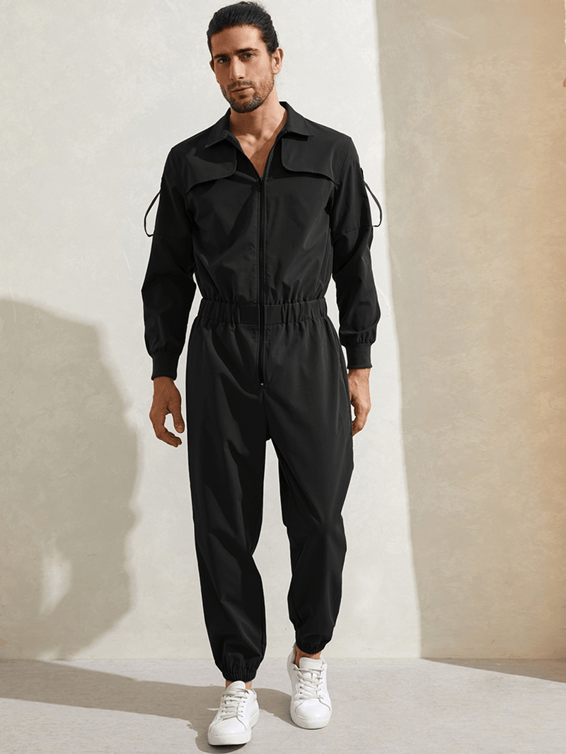 Mens Zipper up Lapel Collar Leisure Jumpsuit