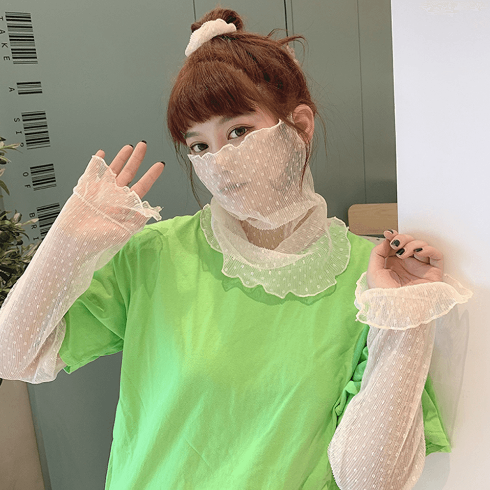 Women Three-Piece Sunscreen Chiffon Breathable Cover Face Neck Ear Hanging Veil Mask Sleeve Hair Tie - MRSLM